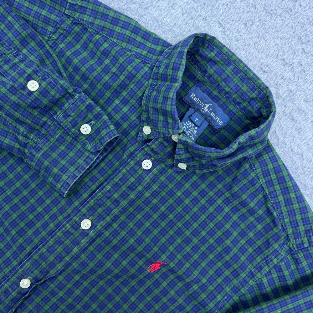 Ralph Lauren‎ Boy's Shirt Green Check Button Up Collared Long Sleeve Youth S 7